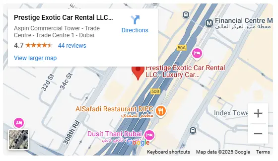 Map showing Prestige Exotic Car Rental locations in Dubai for Rolls Royce Ghost rentals